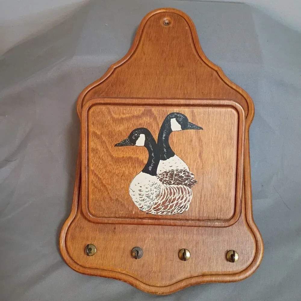 Vintage Wall Mount Mail Letter Holder Key Wood  Hand Painted Geese Countrycore